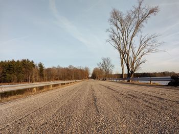 Empty road along bare trees against sky