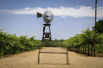 Traditional windmill on field against sky