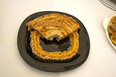 High angle view of cake in plate on table