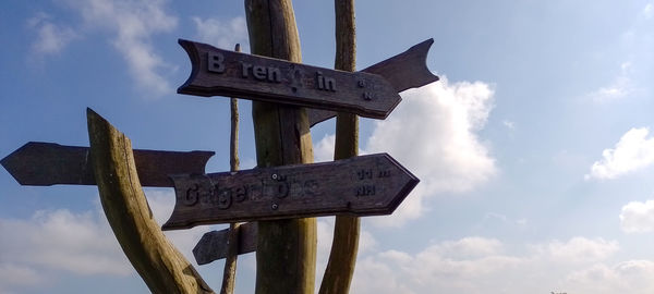 Low angle view of sign board against sky