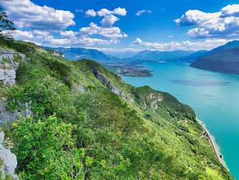 Scenic view of sea and mountains against sky