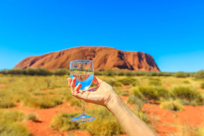 Cropped hand holding wineglass against mountain