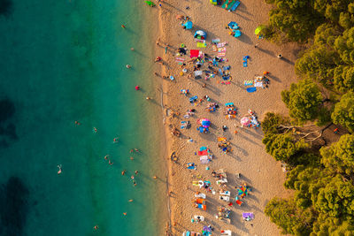 Aerial scene of zlatni rat beach on brac island, croatia