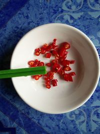 High angle view of cherries in bowl