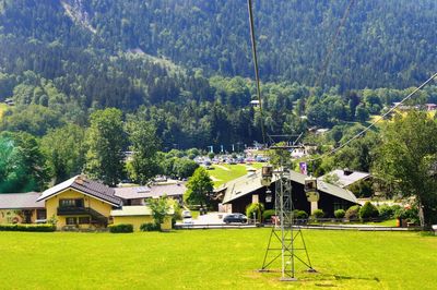 Houses by trees on mountain