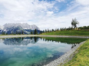 Scenic view of lake against cloudy sky