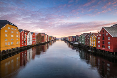 Scenic view of canal against sky at sunset