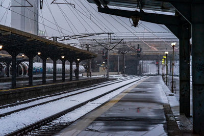 Railroad station platform during winter