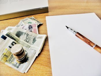 High angle view of pen on table