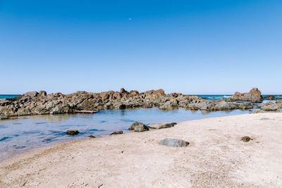 Scenic view of beach against clear blue sky