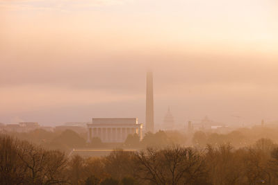 View of city against sky during sunset