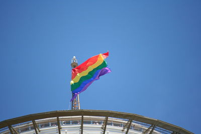 Low angle view of flags against clear blue sky