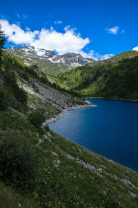 Scenic view of lake against cloudy sky