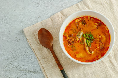 Directly above shot of soup in bowl on table