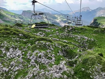 Overhead cable car over mountains