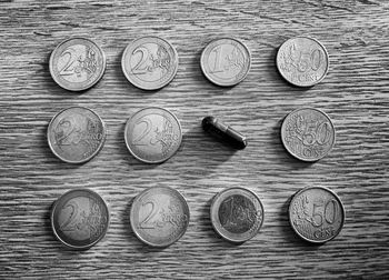 High angle view of coins on table