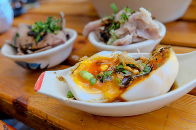 Close-up of meal served on table