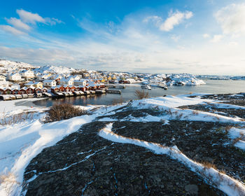 Aerial view of snow covered landscape against sky