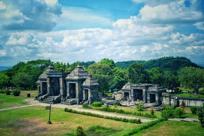 View of ratu boko temple against cloudy sky in yogyakarta, indonesia