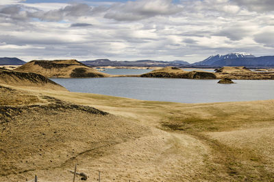 View across a landscape with islands and peninsulas, hills and mountains in iceland