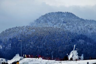 Snow covered land against sky