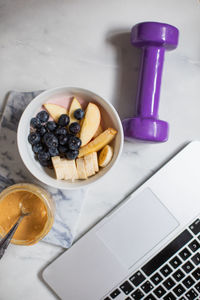 High angle view of breakfast on table