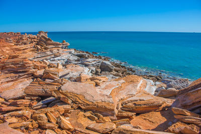 Scenic view of sea against clear blue sky