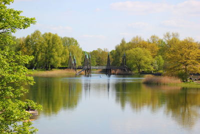 Scenic view of lake by trees against sky