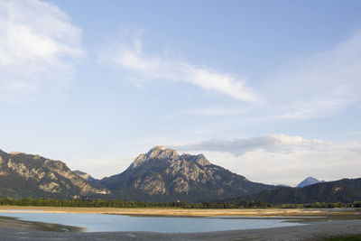 Scenic view of lake by mountains against sky