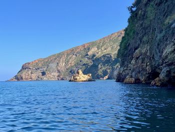 Scenic view of sea against clear blue sky