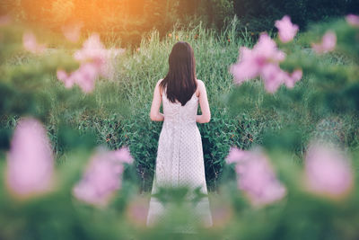 Rear view of woman standing on field