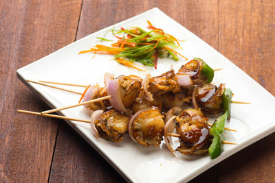 High angle view of food in plate on table