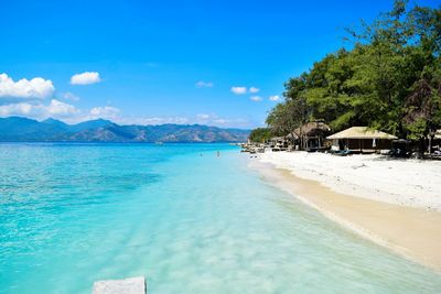 Scenic view of beach against blue sky