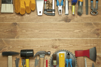 High angle view of various objects on table