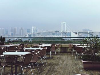 View of suspension bridge in city against sky