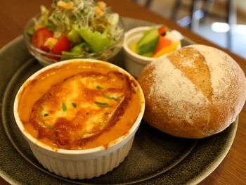 High angle view of breakfast served on table