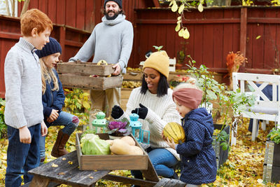 Male and female collecting fresh produce from domestic garden while children standing in yard