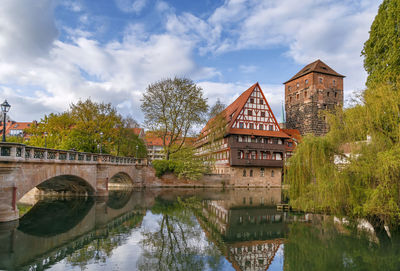 Bridge over river by buildings against sky