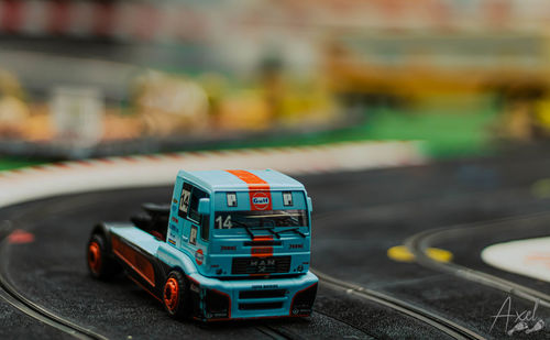 Close-up of toy car on table