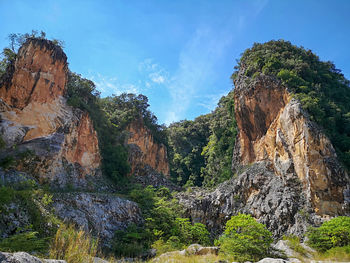 Panoramic view of rocks and trees against sky