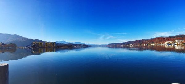 Panoramic view of lake against clear blue sky