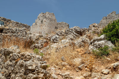 Low angle view of rocks against clear sky