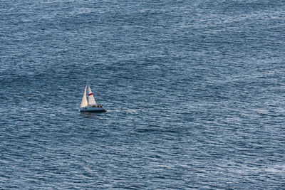 High angle view of sailboat sailing in sea