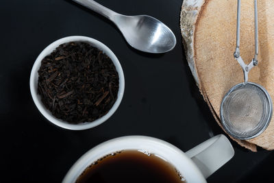 High angle view of tea cup on table