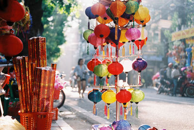 Close-up of lanterns hanging outdoors