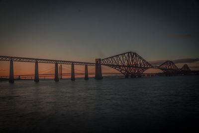 Suspension bridge over river during sunset
