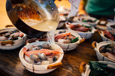 Close-up of food served on table