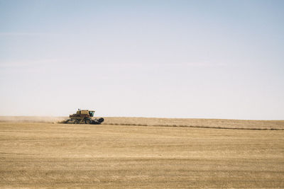 Scenic view of agricultural field against clear sky