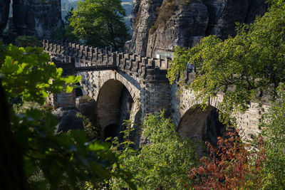 Low angle view of arch bridge amidst trees and building