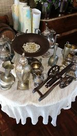 High angle view of wine glasses on table